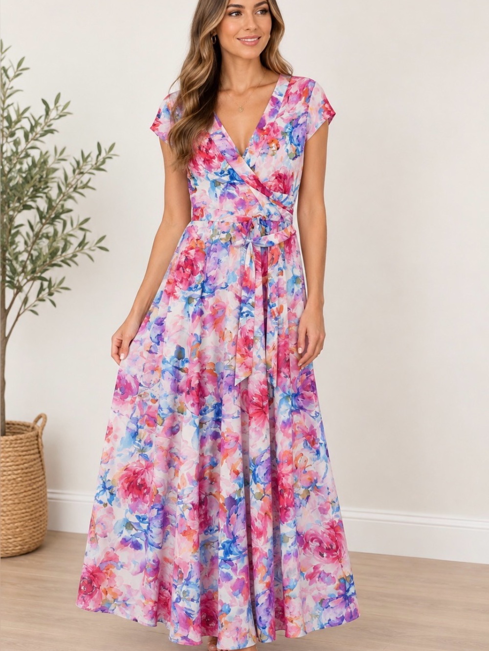 Olivia Matthews Pink & Blue Floral Wrap Maxi Dress